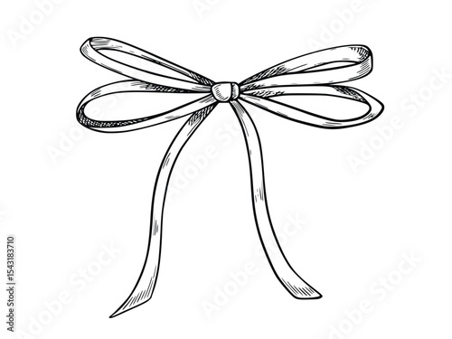 Vector illustration of Bow in engraved hand drawn style. Outline drawing of Ribbon painted by black inks for wedding greeting cards, stationery, or baby party invitations. Etching for party design.