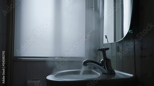 Modern Bathroom Sink with Running Water and Steam in Calm Indoor Environment
