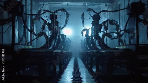 Mysterious Factory Interior Filled with Robotic Arms Silhouetted Against Blue Lighting