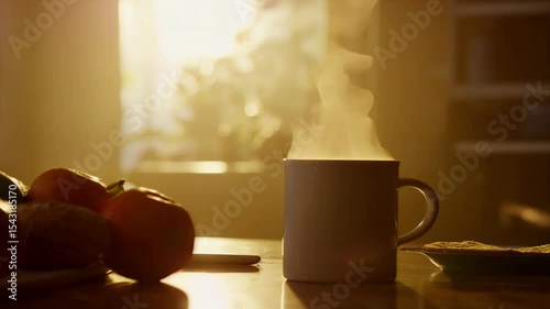 Steaming Cup of Coffee Beside Fresh Oranges and Snacks Bathed in Soft Morning Light