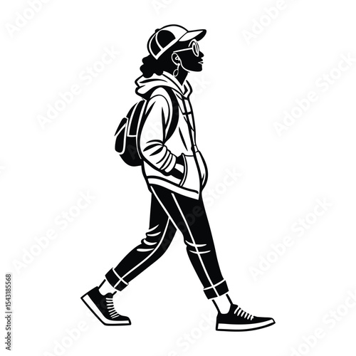A vector silhouette design, side profile of a woman walking, white background.
