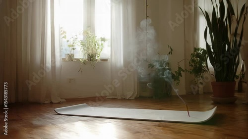 Tranquil Indoor Space with Burning Incense Stick and Sunlight Streaming Through Sheer Curtains