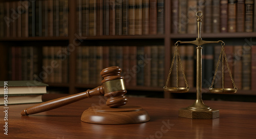 Wallpaper Mural Wooden Gavel and Scales of Justice on a Rich Brown Wooden Desk in a Law Library Torontodigital.ca