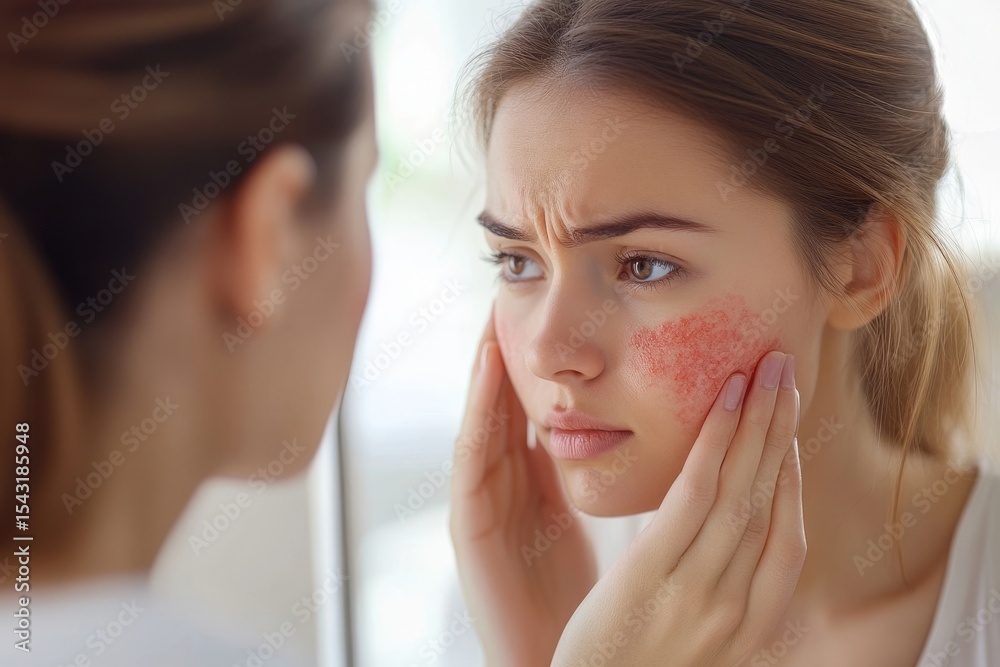 Asian young woman examining her face in the mirror, noticing red rash caused by cosmetic allergy, reflecting the importance of skin care awareness., Generative AI Asian young woman examining her face in the mirror, noticing red rash caused by cosmetic allergy, reflecting the importance of skin care awareness., Generative AI