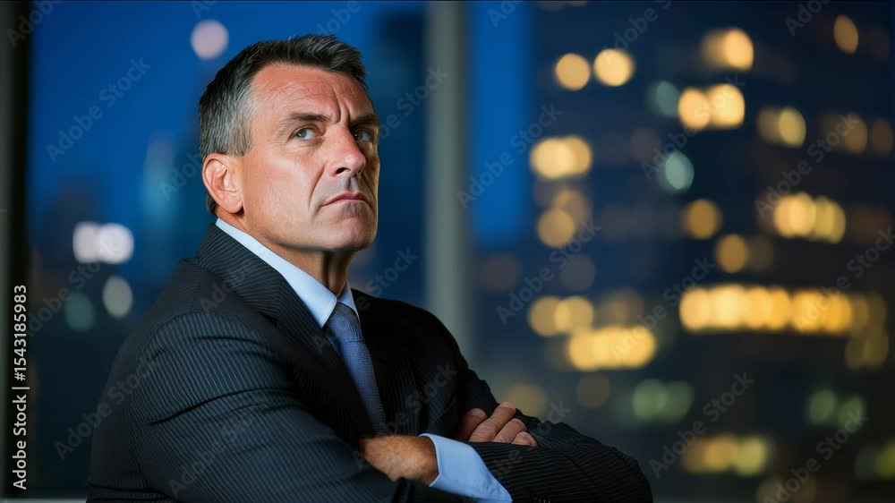 CEO in deep thought elegant office attire with soft ambient lighting