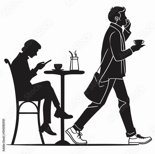 Silhouette of people at cafe with one person on phone and another carrying coffee while walking created with generated ai