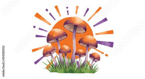 Magical Gathering of Fungi Mushroom and Sunny Rays in a Dreamlike Fantasy Land
