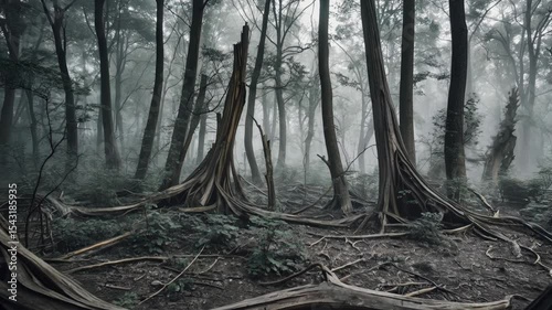 Twisted Tree Trunks in Mysterious Foggy Forest Creating a Serene Atmosphere