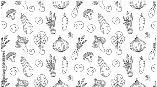 Vegetable pattern with mushroom, squash, asparagus, onion, and carrot line art, silhouette