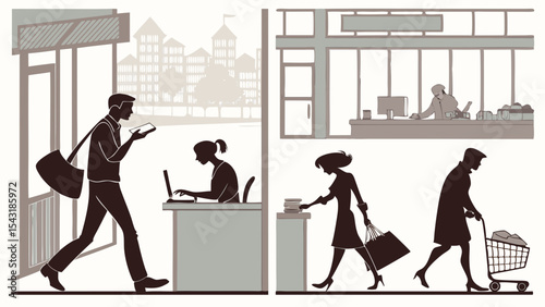 Silhouetted figures engaged in various activities of daily life in an urban environment depicted here created with generated ai