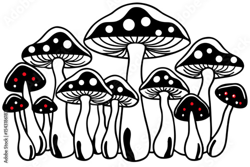 A captivating black and white illustration showcasing a cluster of stylized mushrooms vector design (24)