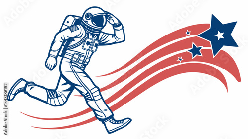 Astronaut running with patriotic star trails saluting in a space exploration illustration style image created with generated ai