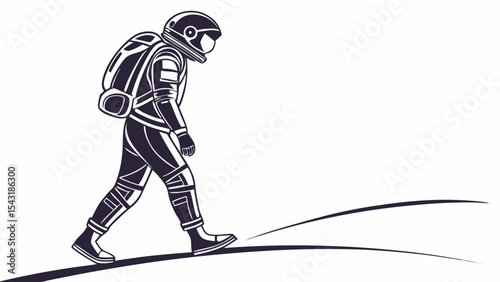 Illustration of a lone astronaut with a backpack walking on a desolate surface in black and white style created with generated ai