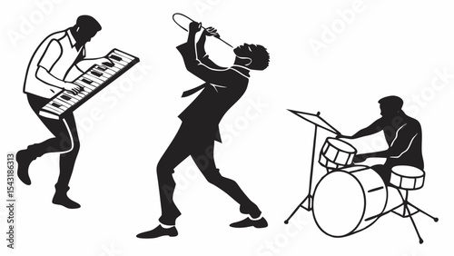 Band performing music with keyboard player, trumpet player, and drummer in black and white silhouette style created with generated ai