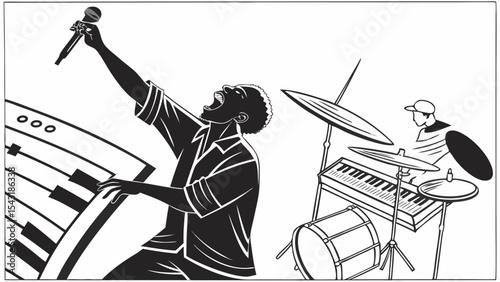 A musician sings into a microphone while playing the piano with a drummer in the background performing created with generated ai