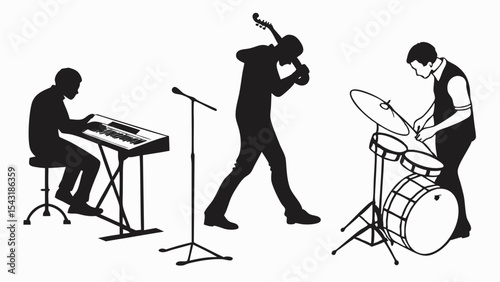 Silhouette of a musical band performing with keyboard bass violin and drum set on a white background created with generated ai