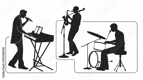 Silhouette illustration of a musical band performing with various instruments on a white background created with generated ai