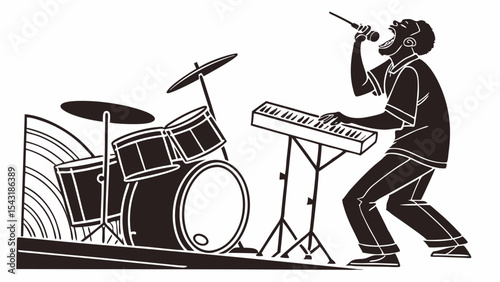 Silhouette illustration of a musician playing keyboard and singing with drums on the side stage created with generated ai