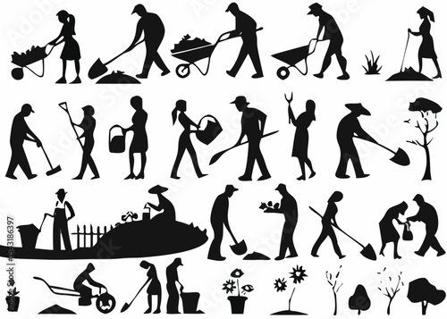 Silhouettes of people gardening and working with tools like shovels and wheelbarrows in various poses created with generated ai
