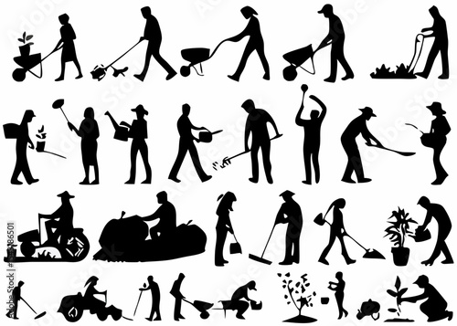 Silhouette illustration showing people gardening and doing yard work in various positions and activities created with generated ai