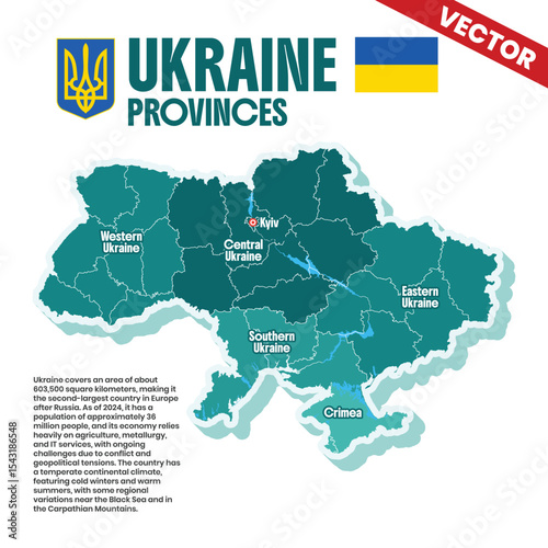 Detailed Political Vector Map of Ukraine Highlighting Provinces and Regions Including Areas with Country Facts, Flag and Emblem Editable Infographic Design