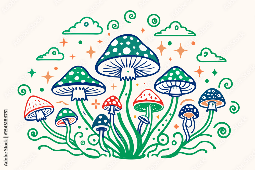 Fototapeta premium A captivating black and white illustration showcasing a cluster of stylized mushrooms vector design (24)