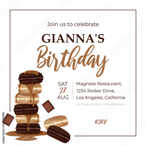 Cream and chocolate macarons with caramel drizzle and chocolate chunks in brown frame on white background. Vector dessert layout with empty space for text.Perfect for sweets ads,party invites,or sale