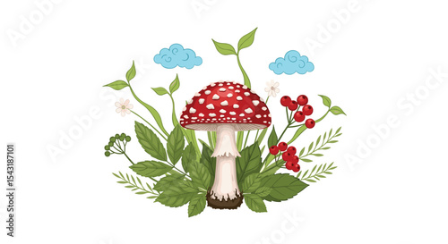 Enchanting Amanita Mushroom Surrounded by Lush Greenery Berries and Fluffy Blue Clouds