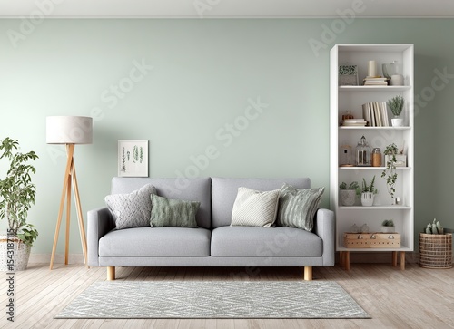 Modern living room interior with a grey sofa near a pastel green wall, a white bookcase, and a wooden floor lamp. Minimalist home decor design concept. Stock photo with 2/3 space for text.
