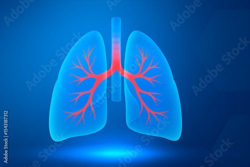 3D Medical Illustration of Human Lungs with Glowing Bronchial Tree on Blue Background