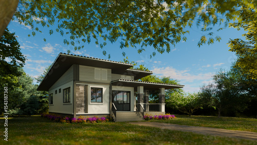 A 3D-rendered modern single-story house with contemporary architecture features clean lines, flat roofs, stone and white siding, surrounded by lush green landscaping and colorful flowers.