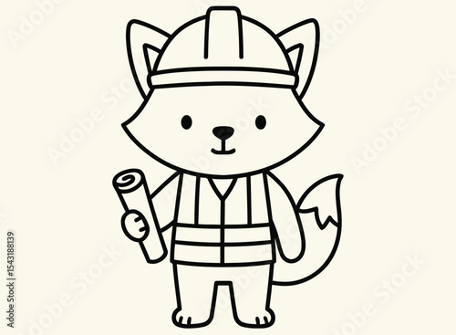  Cute Line Art Fox Dressed as Construction Worker with Helmet and Blueprint