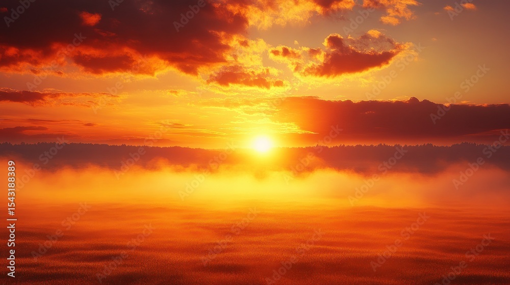Fototapeta premium Fiery sunset over a misty, golden field