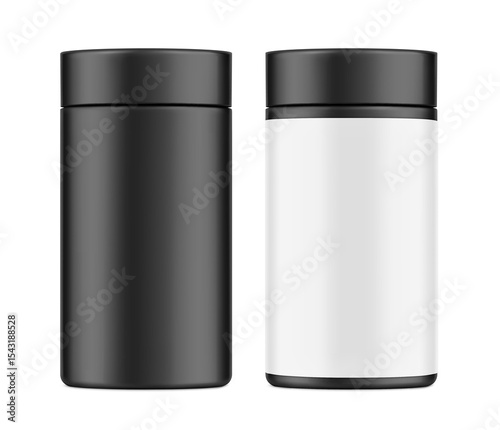 Realistic black jar with label mockup . Vector illustration isolated on white background. Can be use for your design, advertising, promo and etc. EPS10.