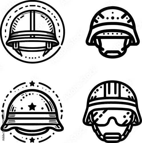 set of black and white outline icon of a war helmet, symbolizing soldier protection in conflict zones.