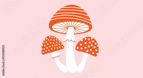 Collection of Whimsical Mushrooms Displaying their Bright Orange and White Caps on Pink Background