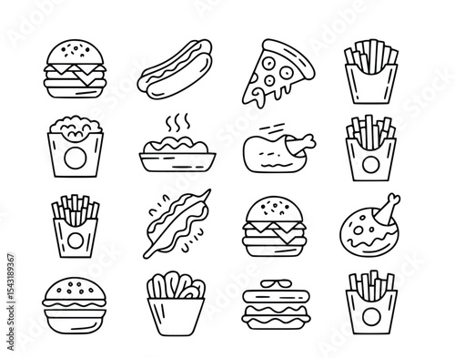 Variety of delicious fast food items rendered in a beautiful hand drawn sketch style, silhouette