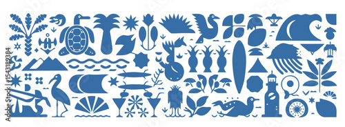 A collection of blue icons showcases tropical beach elements, including palm trees, ocean waves, sea turtles, cocktails and nautical features, silhouette