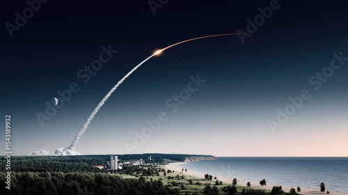 A rocket launch from bay. Space center. White plume in the night sky left after a shuttle takeoff