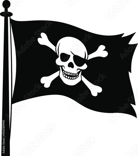 Pirate Flag Silhouette with Skull and Crossbones – Vector Illustration