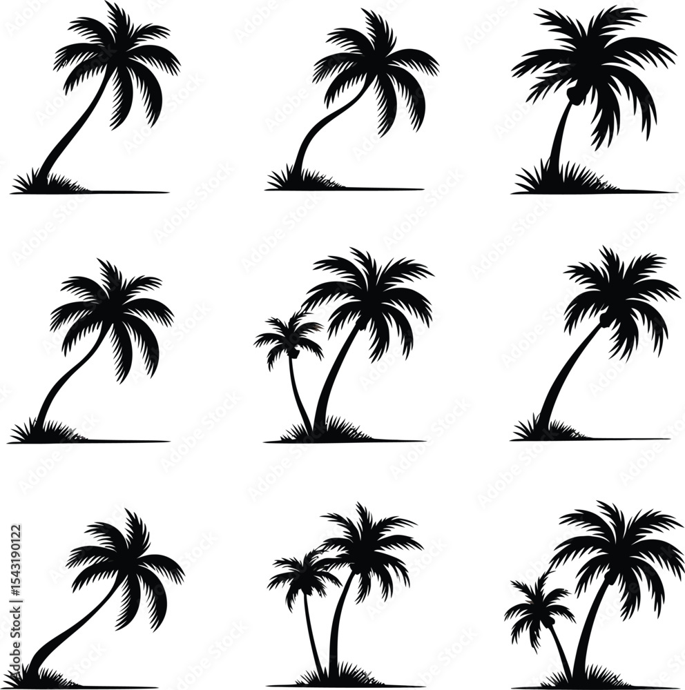 Fototapeta premium Palm Tree Silhouette Icon Set – Tropical Beach Vector Illustrations