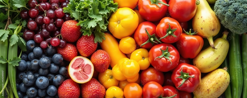Fresh organic fruits, vegetables arranged in vibrant rainbow colors. Variety of healthy produce includes tomatoes, squash, berries, broccoli. Culinary ingredient assortment for balanced diet,