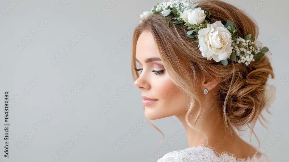 Naklejka premium A beautiful bride adorned with a floral headpiece captures the essence of romance and elegance, showcasing a serene moment that embodies love and purity on her special day.