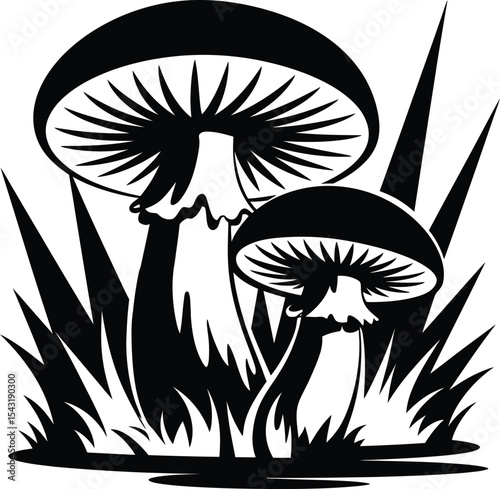 Black and White Silhouette of Wild Mushrooms in Grass