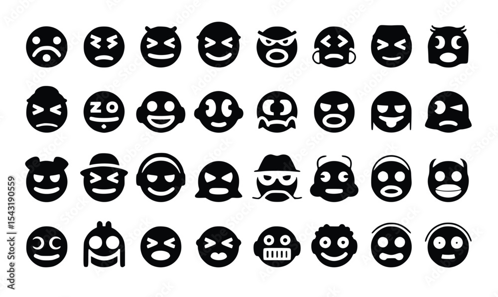 Expression of emotion with assorted emojis that illustrate a wide array of feelings, from happy to sad, and depict different characters, silhouette Expression of emotion with assorted emojis that illustrate a wide array of feelings, from happy to sad, and depict different characters, silhouette