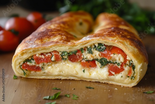 Discovering bolani with a crisp crust and flavorful filling revealing layers of tomatoes and herbs in a vibrant kitchen setting at midday