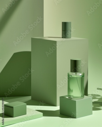 Green perfume bottle with matching packaging displayed in a minimalist setting highlighting modern design and tranquility