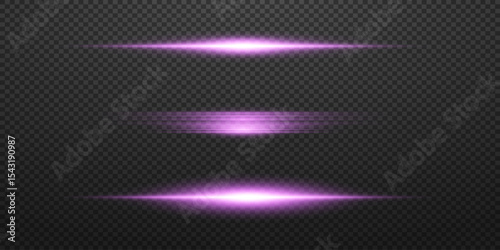 Collection of horizontal purple light rays, purple line flare. EPS 10 vector.