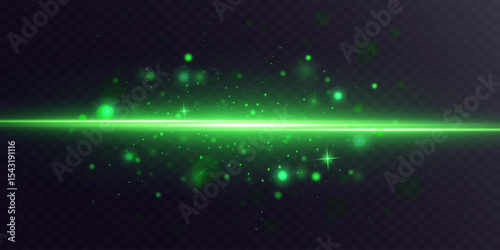 Glowing green horizontal beam of light with soft sparkles and glow. Neon flash, laser lines of light.