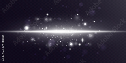 Glowing white horizontal beam of light with soft sparkles and glow. Neon flash, laser light lines.